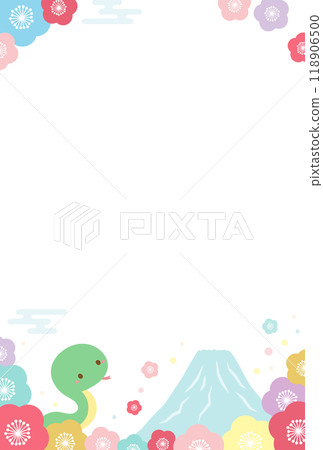 New Year's card design for the Year of the Snake, frame with cute snake, plum blossoms and Mt. Fuji 06 118906500