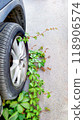 Ivy twining car tire in urban space, symbol of nature's resilience versus mechanical encroachment, contrasting human progress with natural persistence, environmental harmony, vertical frame. 118906574