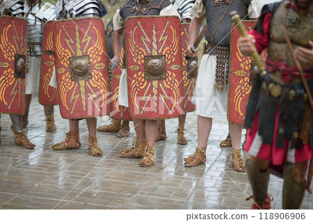 Roman Soldiers with Shields in Historical Reenactment 118906906