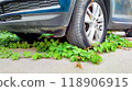 Mechanical versus natural, car tire overtaken by creeping ivy, symbolizing environmental balance and nature power in urban spaces, resilience of the green. 118906915