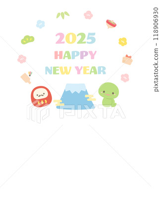 Cute New Year's card design, frame 06 with snake, daruma, Mt. Fuji and first sunrise 118906930