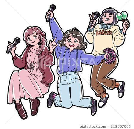 三個女孩享受卡拉 OK 的插圖 118907065