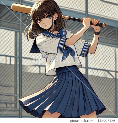 A high school girl in a sailor suit swinging a bat A high school girl in a sailor suit swinging a bat 118907126