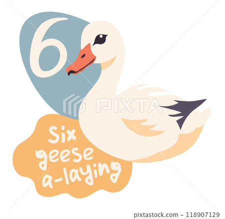 Six geese a-laying. The twelve days of Christmas. English Christmas carol. Sixth day. Vector isolated illustration 118907129