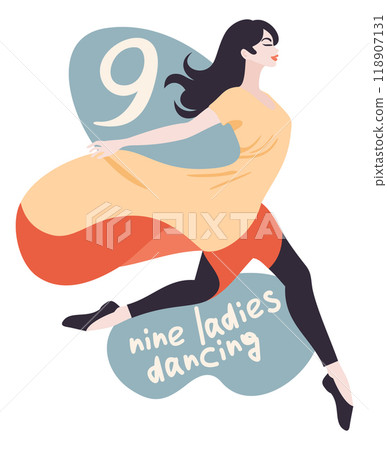 Nine ladies dancing. The twelve days of Christmas. English Christmas carol. Ninth day. Vector isolated illustration Nine ladies dancing. The twelve days of Christmas. English Christmas carol. Ninth day. Vector isolated illustration 118907131