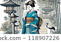 傳統日本花園中美麗的舞妓和鶴 118907226