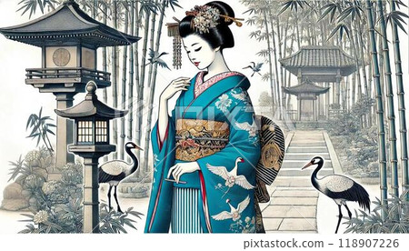 傳統日本花園中美麗的舞妓和鶴 118907226