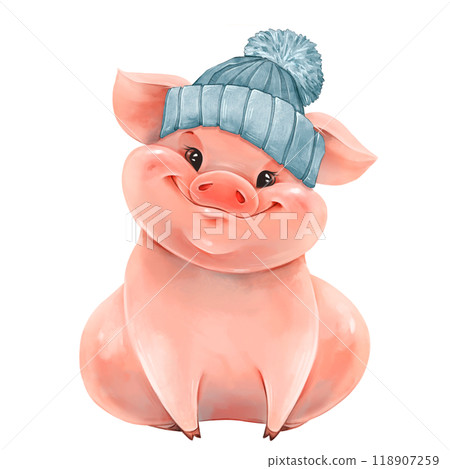 Pig in blue hat. Cute animal illustration isolated on white. 118907259