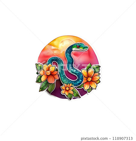 Blue snake and flower illustration Blue snake and flower illustration 118907313