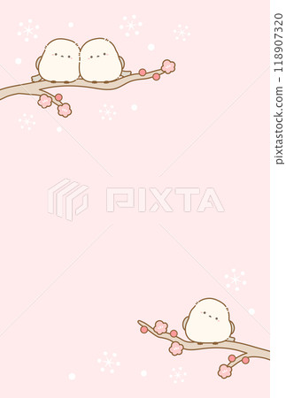 Winter background material of a long-tailed tit, a postcard-sized aspect ratio illustration 02 that can be used for New Year's cards and midwinter greetings Winter background material of a long-tailed tit, a postcard-sized aspect ratio illustration 02 that can be used for New Year's cards and midwinter greetings 118907320