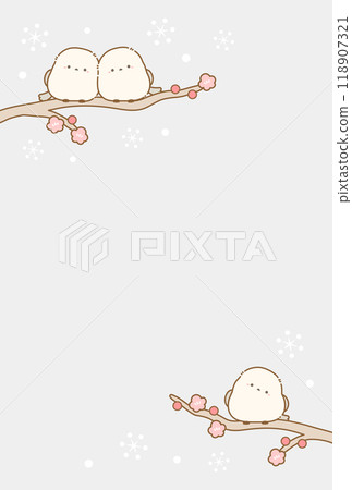 Winter background material of a long-tailed tit, a postcard-sized aspect ratio illustration 03 that can be used for New Year's cards and midwinter greetings Winter background material of a long-tailed tit, a postcard-sized aspect ratio illustration 03 that can be used for New Year's cards and midwinter greetings 118907321