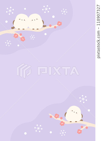 Winter background material of a long-tailed tit, a postcard-sized aspect ratio illustration 09 that can be used for New Year's cards and midwinter greetings 118907327