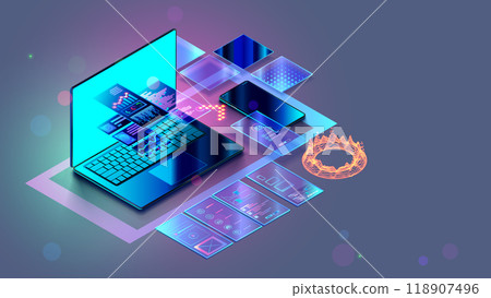 Web design, website create isometric concept. Software development, web design banner. Laptop, phone with website layout. Site development technology banner. Computer software development technology. 118907496