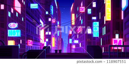 Night neon downtown city street with signboard 118907551