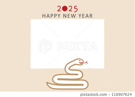 2025 年（Reiwa 7）相框新年賀卡明信片模板，向量插圖蛇，蛇 118907624