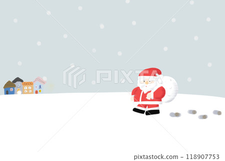 Illustration of a snowy landscape with Santa walking Illustration of a snowy landscape with Santa walking 118907753
