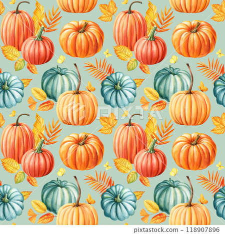 Colorful pumpkins, leaves, Butterflies, seamless pattern. Autumn watercolor hand-painted nature pattern seasonal designs Colorful pumpkins, leaves, Butterflies, seamless pattern. Autumn watercolor hand-painted nature pattern seasonal designs 118907896