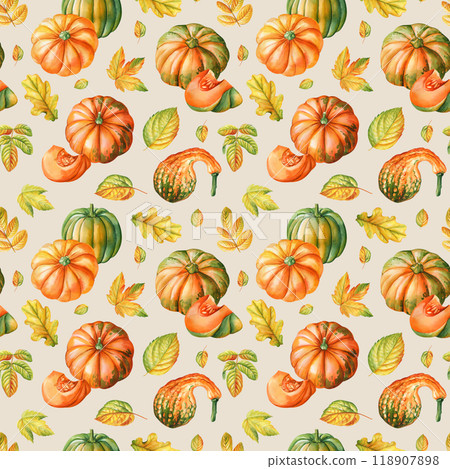 Vibrant pumpkins, fall foliage seamless pattern. Autumn watercolor hand-painted nature pattern seasonal print, Fabric Vibrant pumpkins, fall foliage seamless pattern. Autumn watercolor hand-painted nature pattern seasonal print, Fabric 118907898