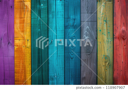 Colorful wooden background with distressed wooden planks in vintage retro color palette. Colorful wooden background with distressed wooden planks in vintage retro color palette. 118907907