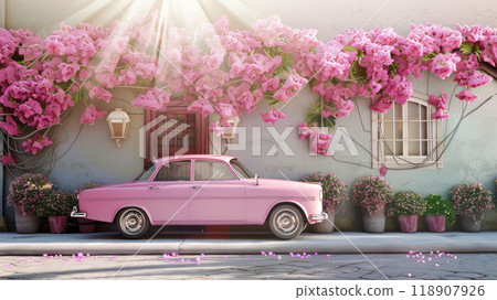 A pink car parked in front of a house with pink flowers growing on the wall. 118907926