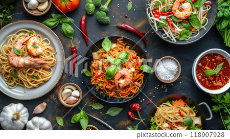 Top-down view of a variety of noodle dishes from different cuisines: Italian spaghetti with tomato sauce, Thai pad Thai with shrimp, and Chinese lo mein with vegetables. 118907928
