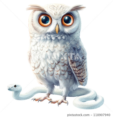White Owl with Wide Expressive Eyes alongside White Snake 118907940
