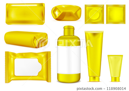 Big set. Gold empty plastic packaging for fashion, cosmetics, hygiene. Blank foil sachet 118908014