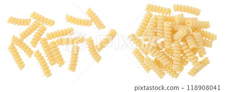 Italian spiral shaped pasta, Fusilli bucati macaroni, isolated on white background. Top view. Flat lay. Italian spiral shaped pasta, Fusilli bucati macaroni, isolated on white background. Top view. Flat lay. 118908041