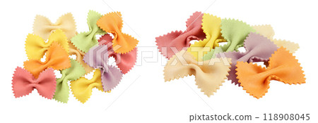 colorful farfalle pasta isolated on white background with full depth of field. Top view. Flat lay. colorful farfalle pasta isolated on white background with full depth of field. Top view. Flat lay. 118908045