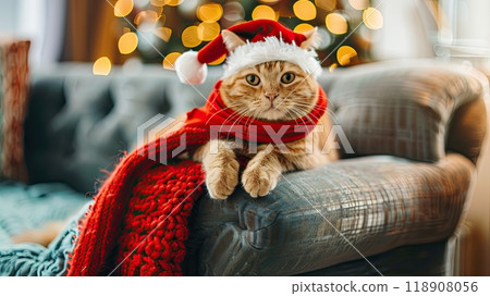 Warm cozy ginger cat with red scarf and Santa's hat sitting on vintage sofa on blurred home background with copy space, Merry Christmas card wallpaper 118908056