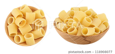 raw italian pasta in wooden bowl isolated on white background . Mezze Maniche Rigate Bronze die. Top view. Flat lay raw italian pasta in wooden bowl isolated on white background . Mezze Maniche Rigate Bronze die. Top view. Flat lay 118908077