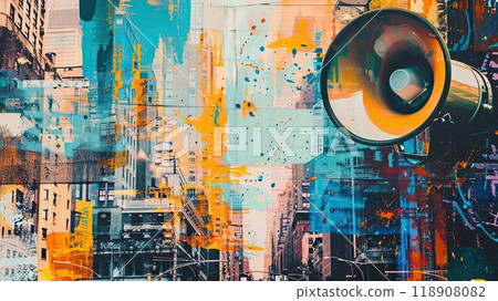 Vibrant collage art with loudspeaker and cityscape. Photomontage of street view, colorful abstracts Vibrant collage art with loudspeaker and cityscape. Photomontage of street view, colorful abstracts 118908082
