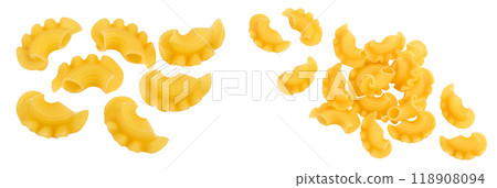 Pasta cornetti creste macaroni isolated on white background with full depth of field. Top view. Flat lay 118908094
