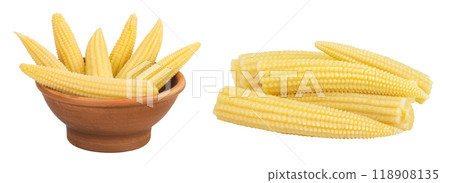 Pickled young baby corn cobs in ceramic bowl isolated on white background Pickled young baby corn cobs in ceramic bowl isolated on white background 118908135