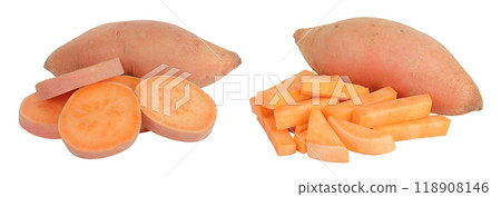 Sweet potato with slices isolated on white background with full depth of field 118908146
