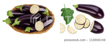 eggplant in a wicker basket isolated on white background with full depth of field. Top view. Flat lay eggplant in a wicker basket isolated on white background with full depth of field. Top view. Flat lay 118908148