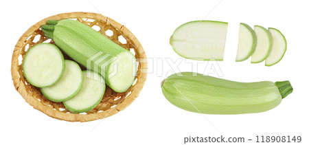 zucchini or marrow in a wicker basket isolated on white background with full depth of field. Top view. Flat lay zucchini or marrow in a wicker basket isolated on white background with full depth of field. Top view. Flat lay 118908149