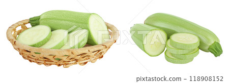 zucchini or marrow in a wicker basket isolated on white background with full depth of field 118908152