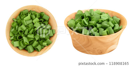Green onion in wooden bowl isolated on the white background. Top view. Flat lay. Green onion in wooden bowl isolated on the white background. Top view. Flat lay. 118908165