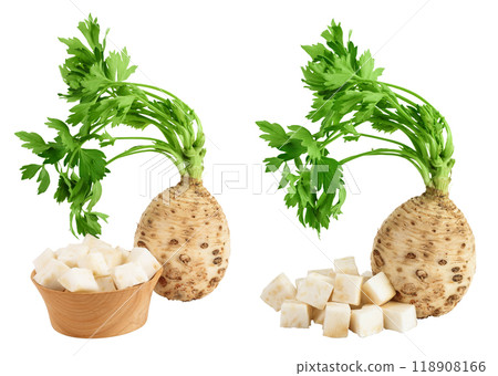 Fresh celery root with leaf isolated on white background Fresh celery root with leaf isolated on white background 118908166