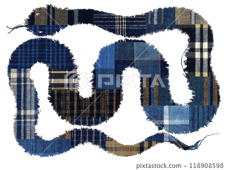 The snake, the zodiac sign for 2025, is drawn in a Japanese striped and checkered pattern on indigo-dyed fabric. The snake, the zodiac sign for 2025, is drawn in a Japanese striped and checkered pattern on indigo-dyed fabric. 118908598