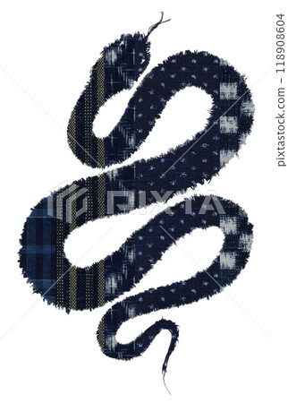 Patchwork snake drawn with traditional indigo dyeing pattern "2025" New Year's cutout material 118908604
