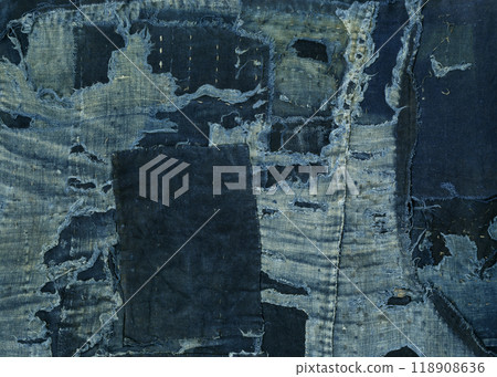 A patchwork of indigo-dyed vintage fabrics that are well-worn and timeless 118908636