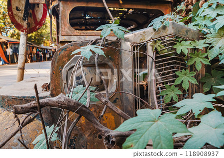 An abandoned jeepney covered in vegetation along a quiet road in the countryside An abandoned jeepney covered in vegetation along a quiet road in the countryside 118908937