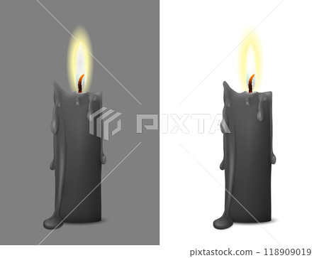 Realistic image of a burning candle with wax drips Realistic image of a burning candle with wax drips 118909019