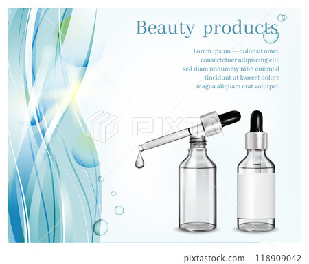 Glass cosmetic bottle with dropper on blue waves background. Cosmetic illustration for advertising Glass cosmetic bottle with dropper on blue waves background. Cosmetic illustration for advertising 118909042