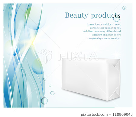 White paper packaging on blue waves background. Sachet for soap White paper packaging on blue waves background. Sachet for soap 118909043