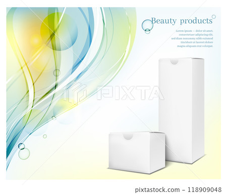 White paper packaging on blue waves background. Square box for cosmetics and perfumery 118909048