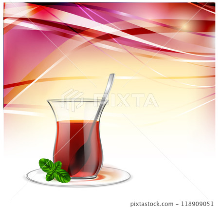 Turkish tea cup with black tea, silver spoon and mint on red waves background. Tea illustration for advertising Turkish tea cup with black tea, silver spoon and mint on red waves background. Tea illustration for advertising 118909051