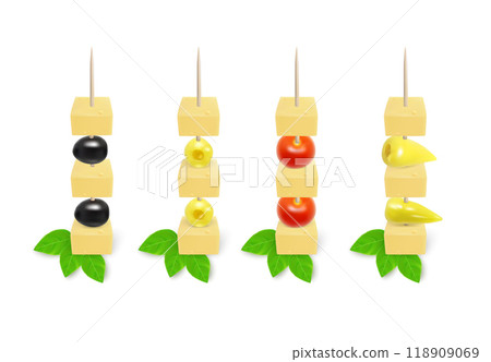 Appetizers on toothpick. Vegetarian canapes on skewers Appetizers on toothpick. Vegetarian canapes on skewers 118909069